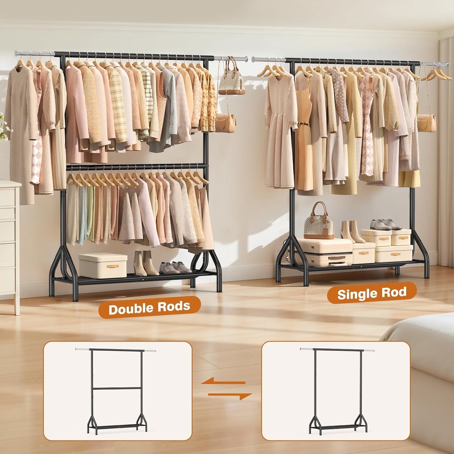 280KG Double Clothes Rail with Shelves – Heavy Duty Black