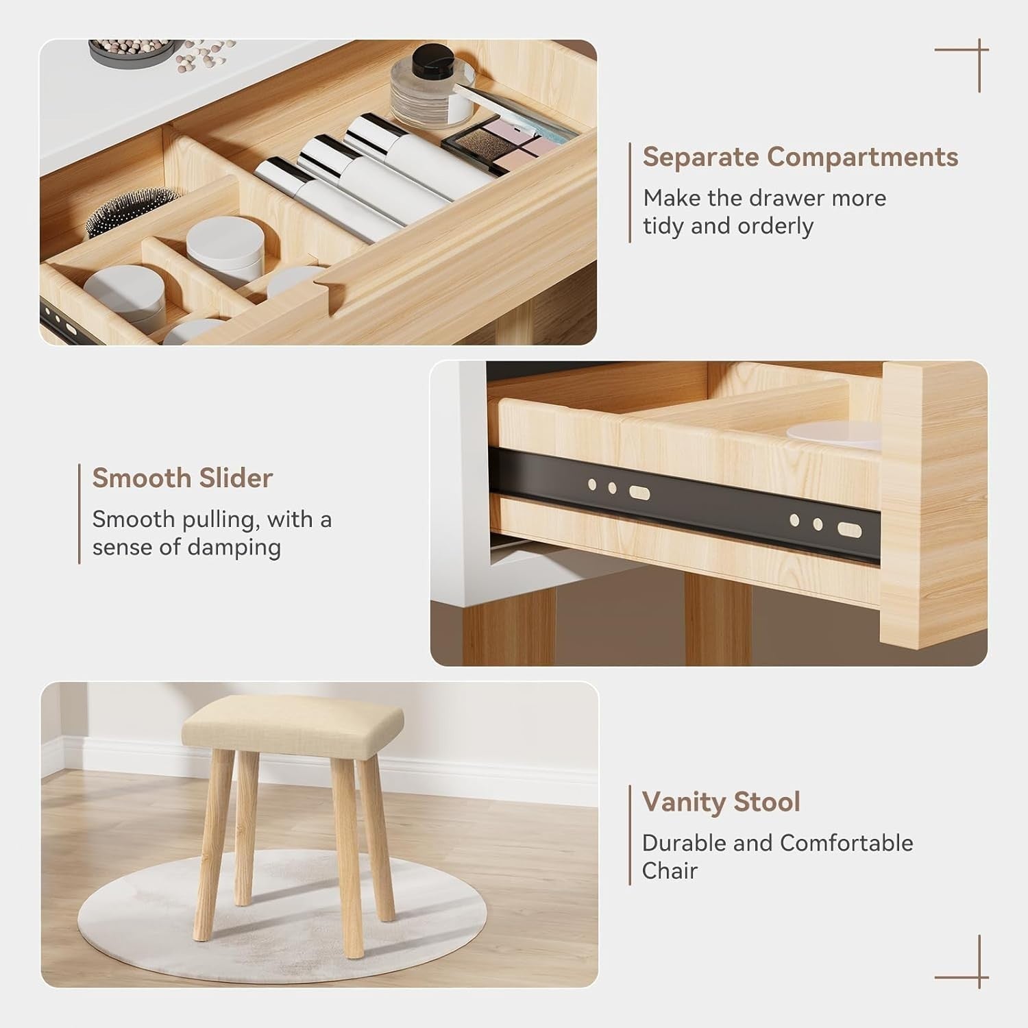 Small Space Vanity Desk Dressing Table Mirror 3-Light Modes Drawer Stool Wood