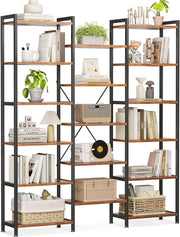 6 Tier Triple Bookshelf Industrial 14 Shelf Wide Bookcase Rustic Brown