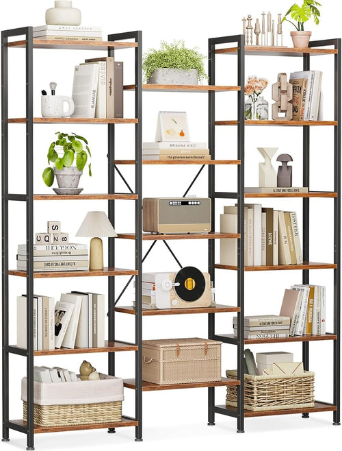 6 Tier Triple Bookshelf Industrial 14 Shelf Wide Bookcase Rustic Brown