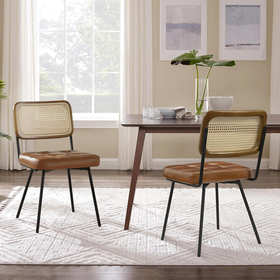 Rattan Dining Chairs Set of 2 Faux Leather Cane Back Mid Century Chairs