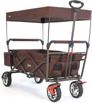 Brown Kids Folding Wagon Push Pull Stroller Cart w/ Canopy & Storage Bag