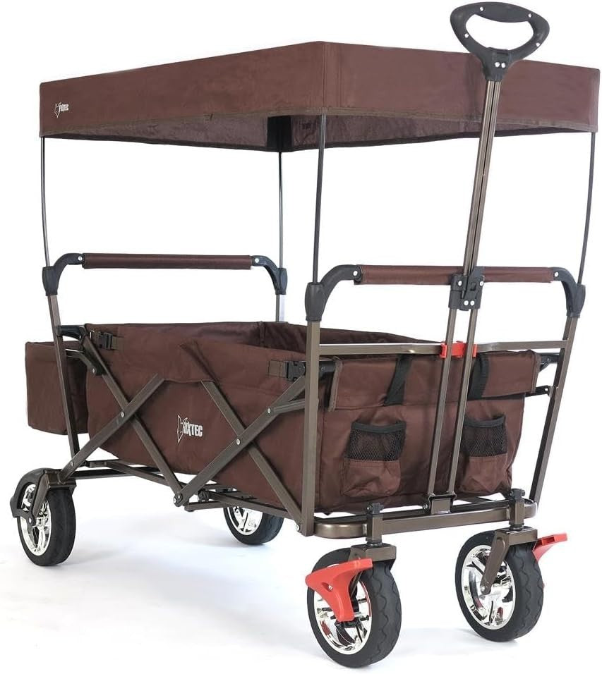 Brown Kids Folding Wagon Push Pull Stroller Cart w/ Canopy & Storage Bag