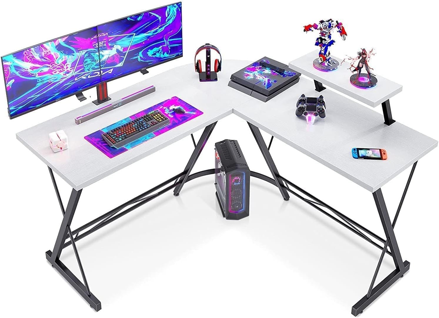 L-Shaped Corner Desk White Gaming Computer Table with Monitor Stand 129cm
