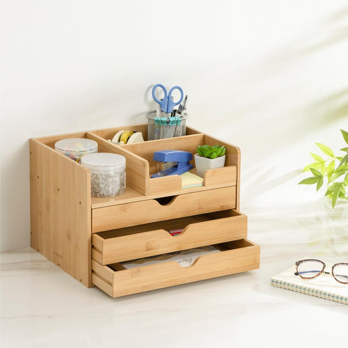 Bamboo Desk Organiser High Capacity Desktop Storage Drawers A4 Paper