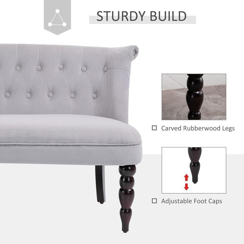 2 Seater Vintage Sofa Bench w/ Tufted Back & Carved Legs – Grey Velvet Look