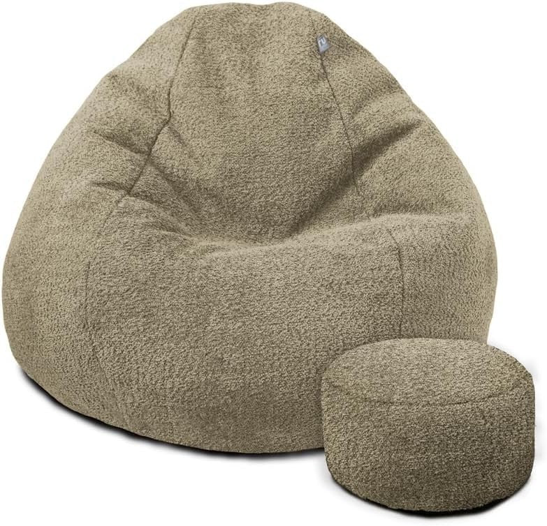 Beige Boucle Bean Bag Chair & Footstool – Adult Lounge Seat 110x80cm