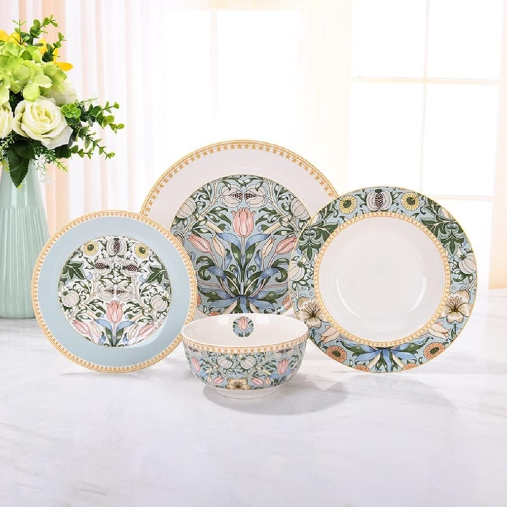 24pc Bone China Dinner Set Tropical Plates Bowls Mugs Gift Box Service for 6