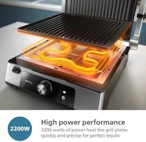 2200W Contact Grill Non-Stick Plates Adjustable Temp & Height Flat Open