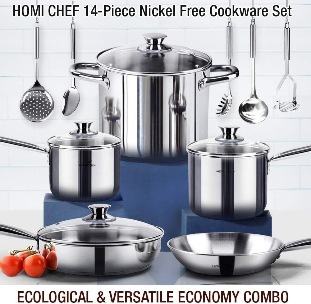 14Pcs Nickel-Free Stainless Steel Cookware Set with Glass Lids & Utensils