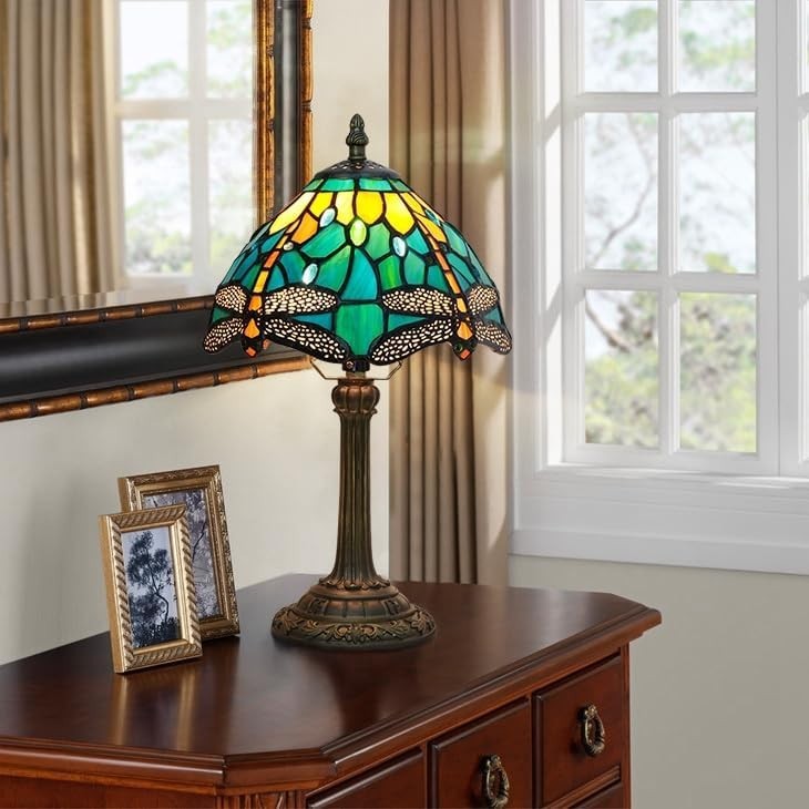 Antique Tiffany Style Stained Glass Dragonfly Table Lamp, Bedroom Desk Light