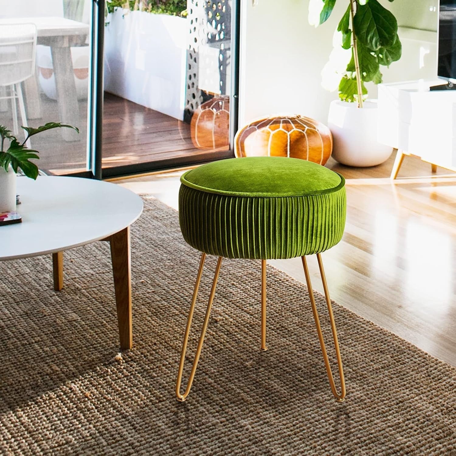 Matcha Green Pleated Velvet Vanity Stool Round Ottoman with Metal Legs