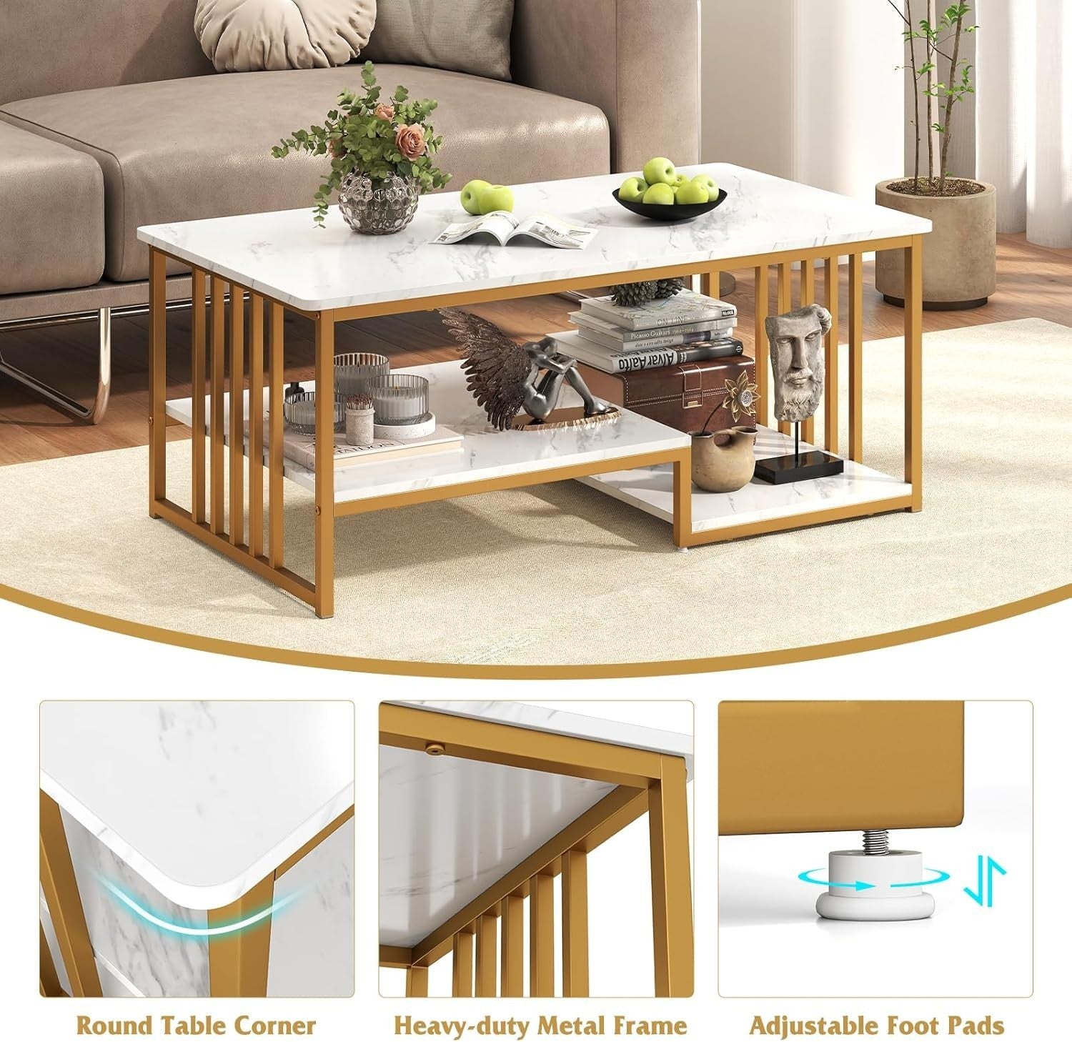 Modern Faux Marble Coffee Table 2-Tier Rectangular with Storage Shelf 110x60cm