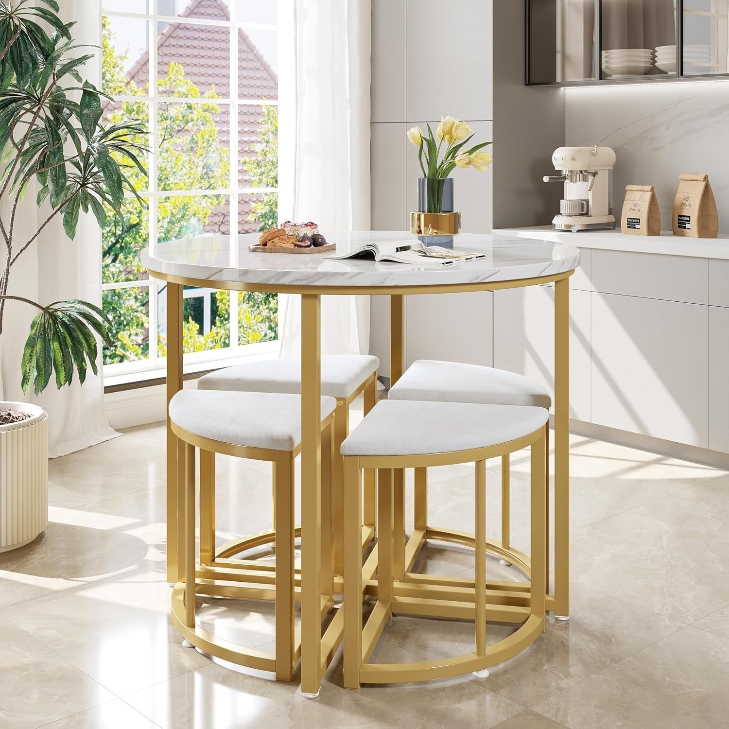 Luxury Gold Dining Table Set 4 Velvet Chairs Round White Modern Compact