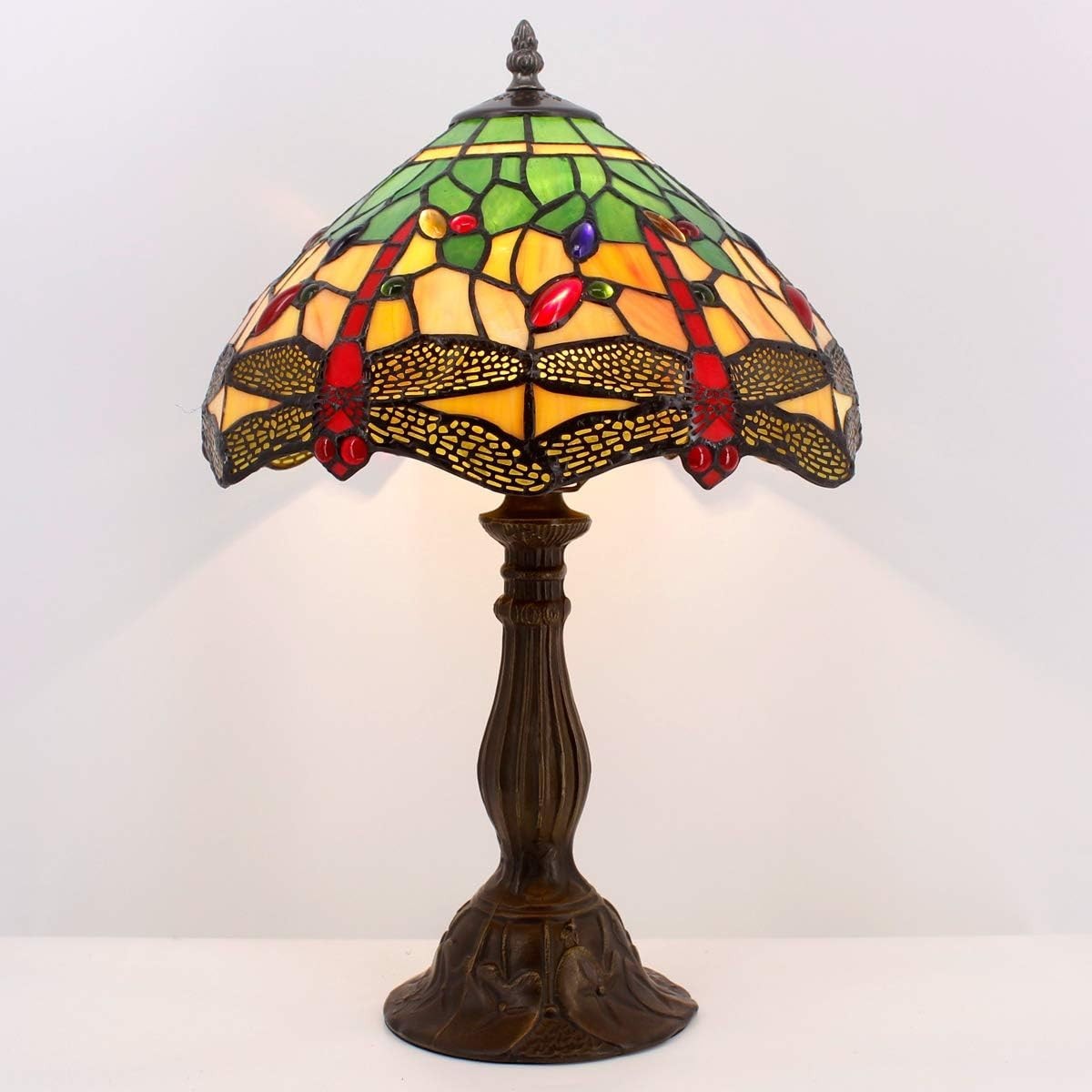 Stained Glass Tiffany Table Lamp 12x12x18in Green Yellow Bronze Base