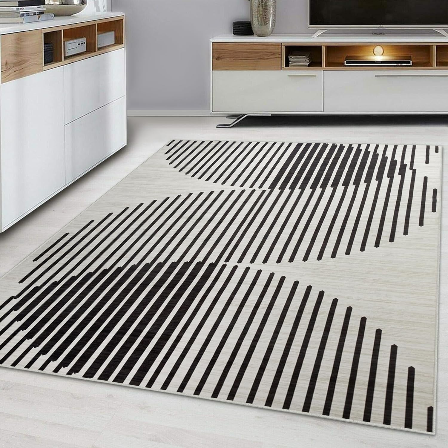 Modern Black White Geometric Rug Soft Non-Shedding Indoor Carpet 120x170cm