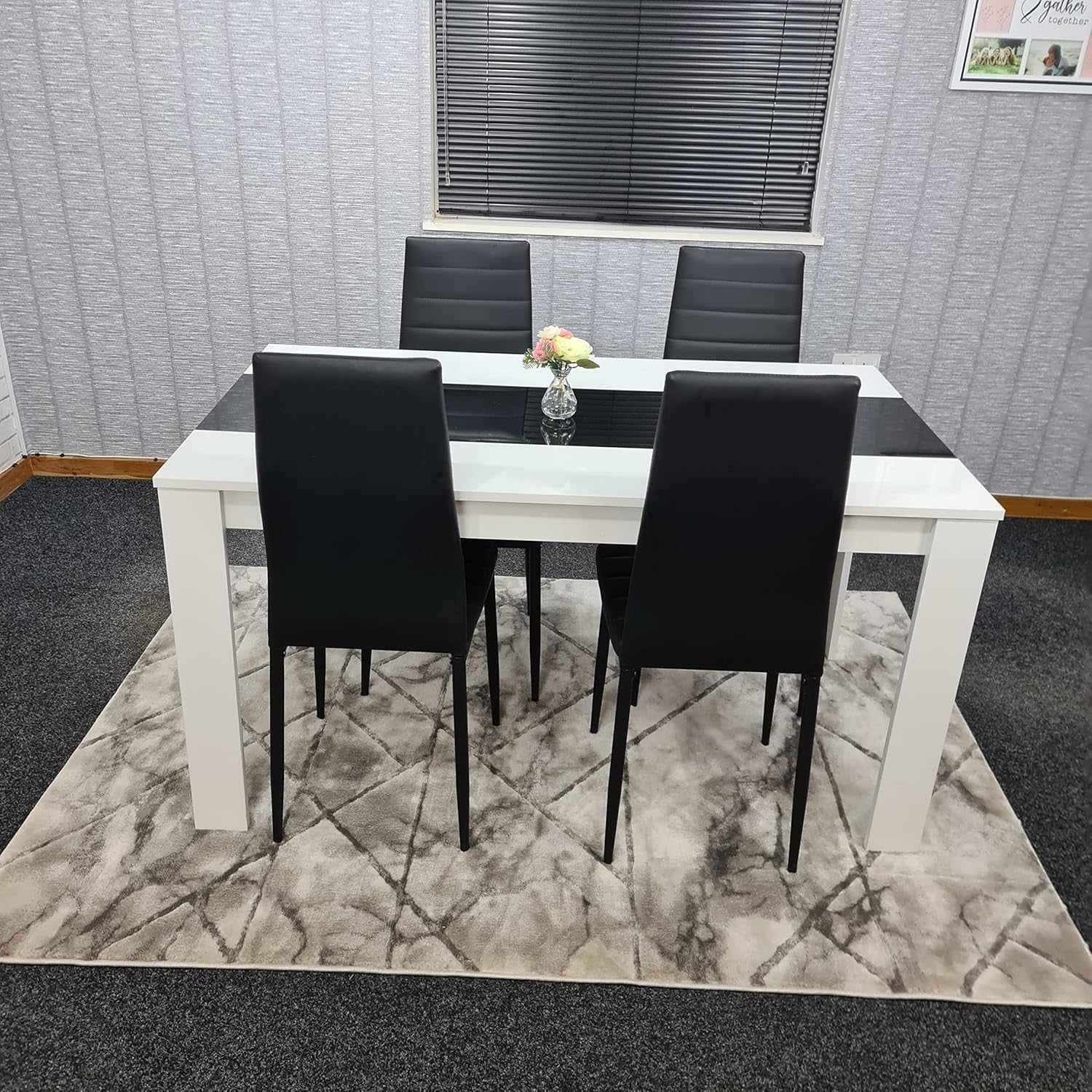 Modern White & Black Dining Table Set 4 Faux Leather Chairs Glossy Finish
