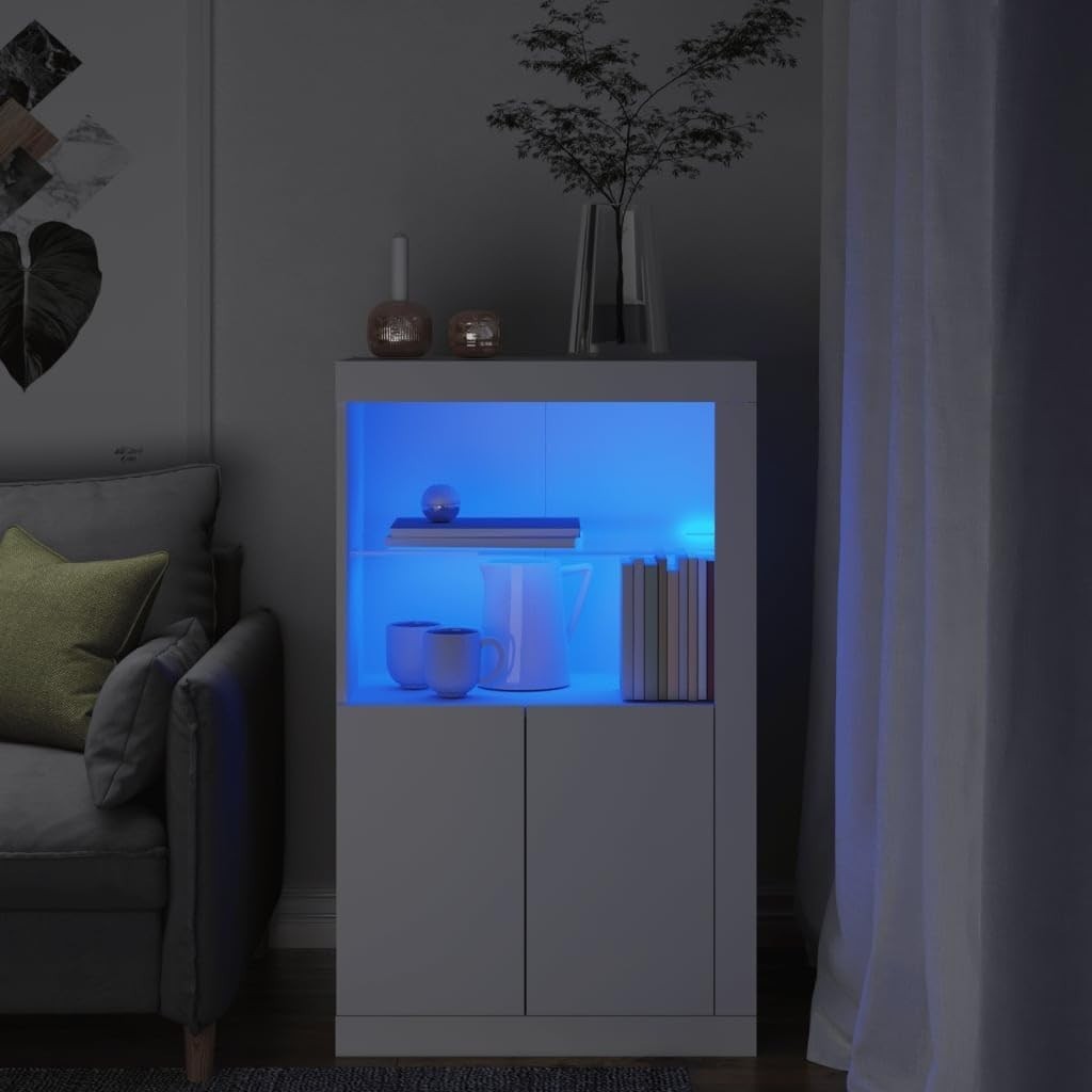 White Engineered Wood Sideboard with RGB LED & Glass Shelf – Modern Storage