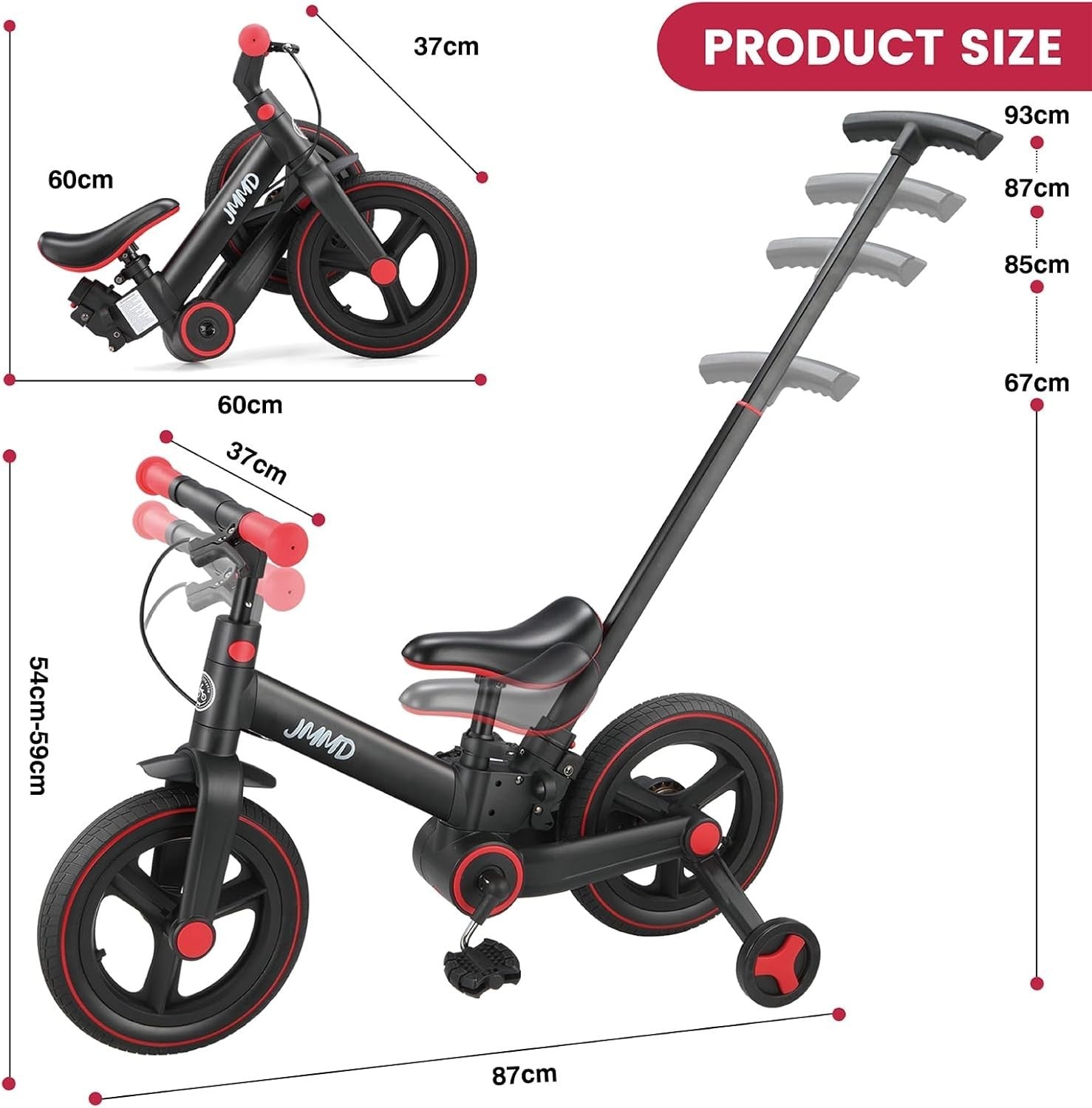 6 in 1 Toddler Bike Balance Pedal Bike Foldable Push Handle Black