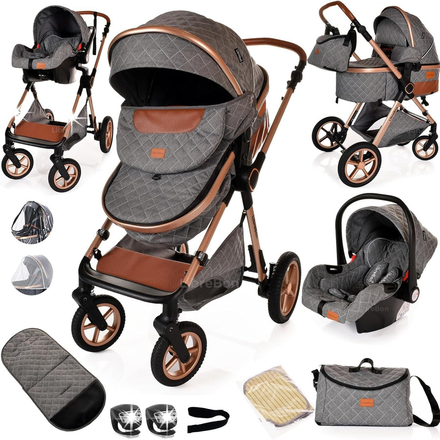3 in 1 Baby Pram Pushchair Lightweight Folding Buggy from Birth Grey