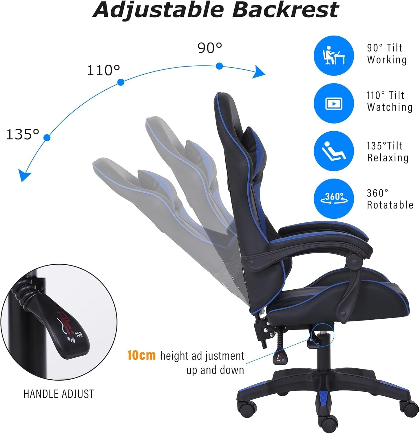 Ergonomic Gaming Chair w/ Lumbar Support Headrest Swivel Blue