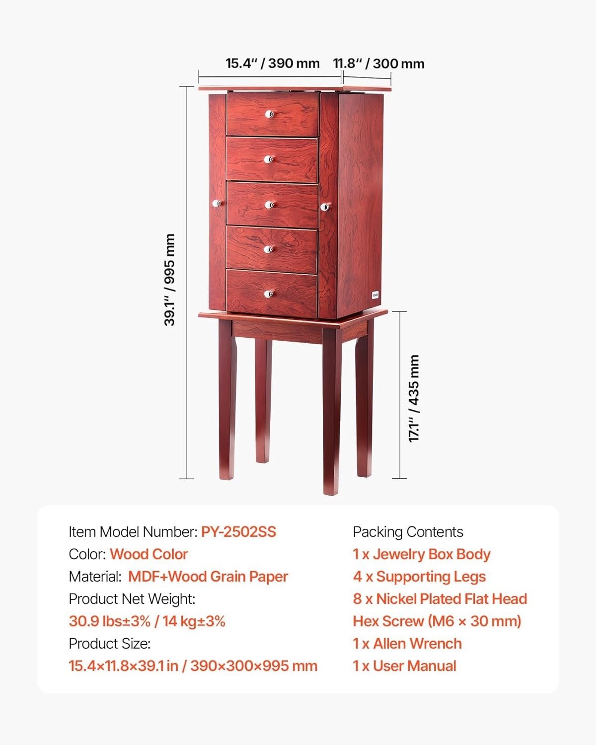 Standing Wooden Jewelry Armoire with Drawers Flip Top Mirror Necklace Doors