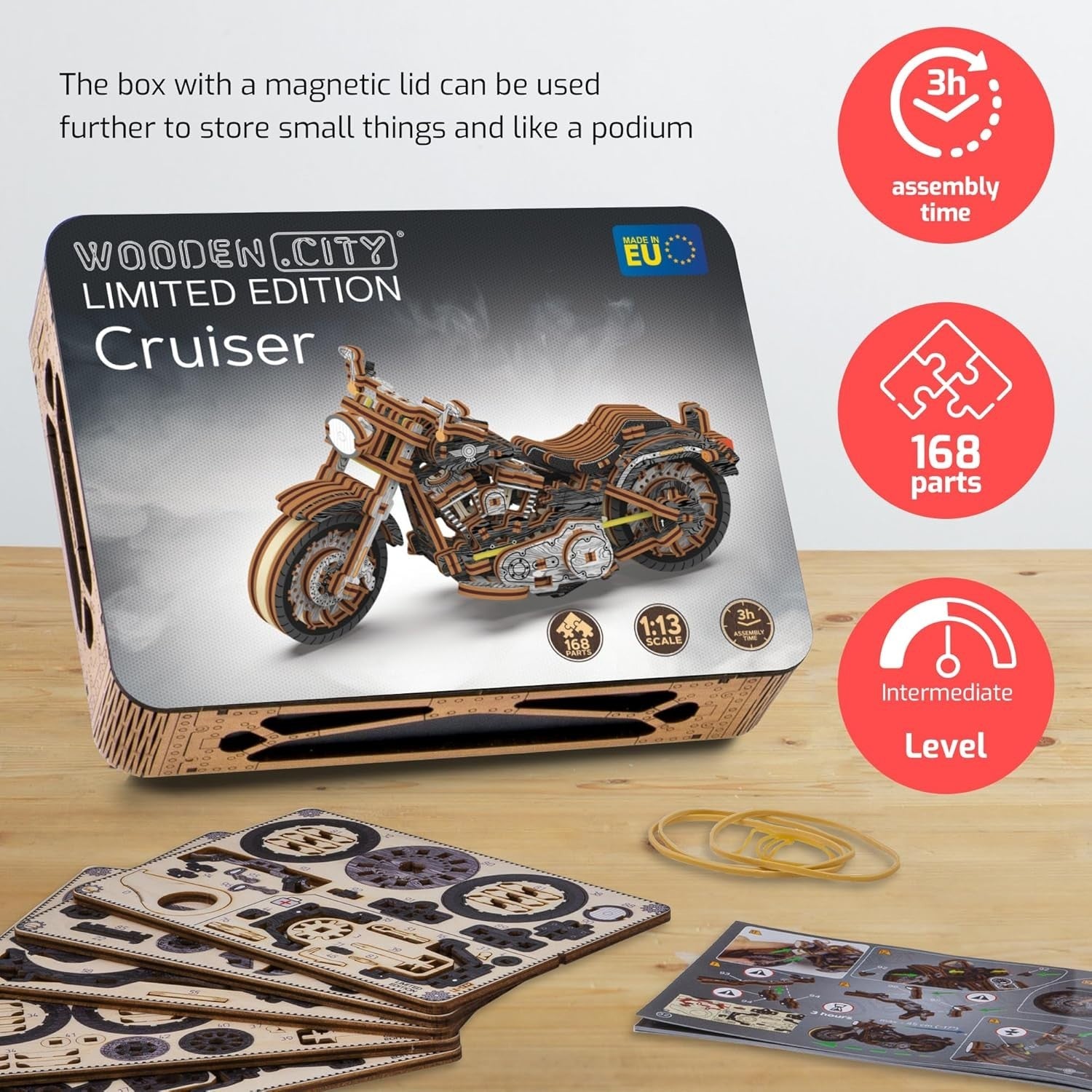 Wooden Motorcycle 3D Puzzle Kit | 1:13 Scale V-Twin Cruiser Model Gift