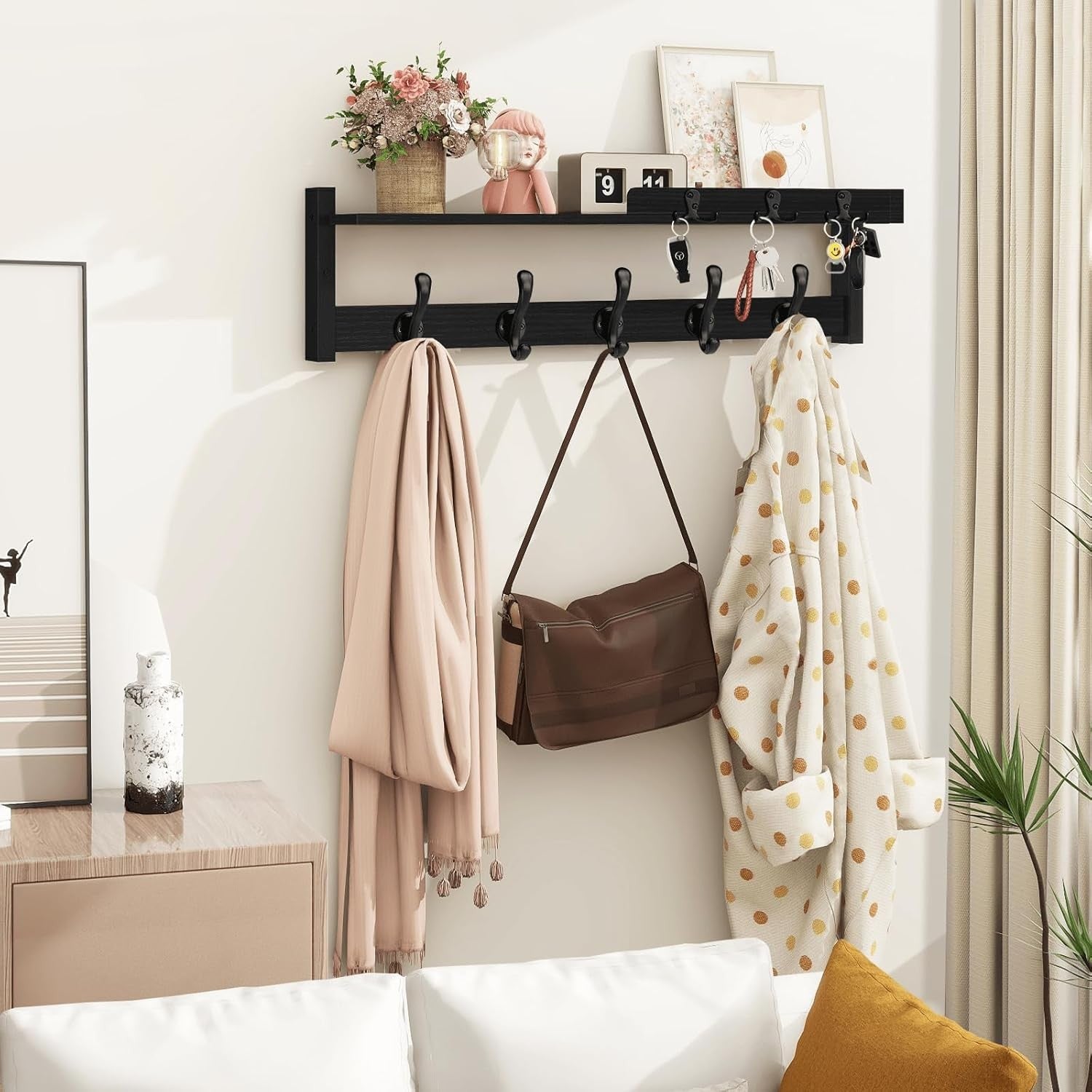 Black Wall Coat Rack 29" Wood Shelf with Hooks & Key Holder Entryway Organizer