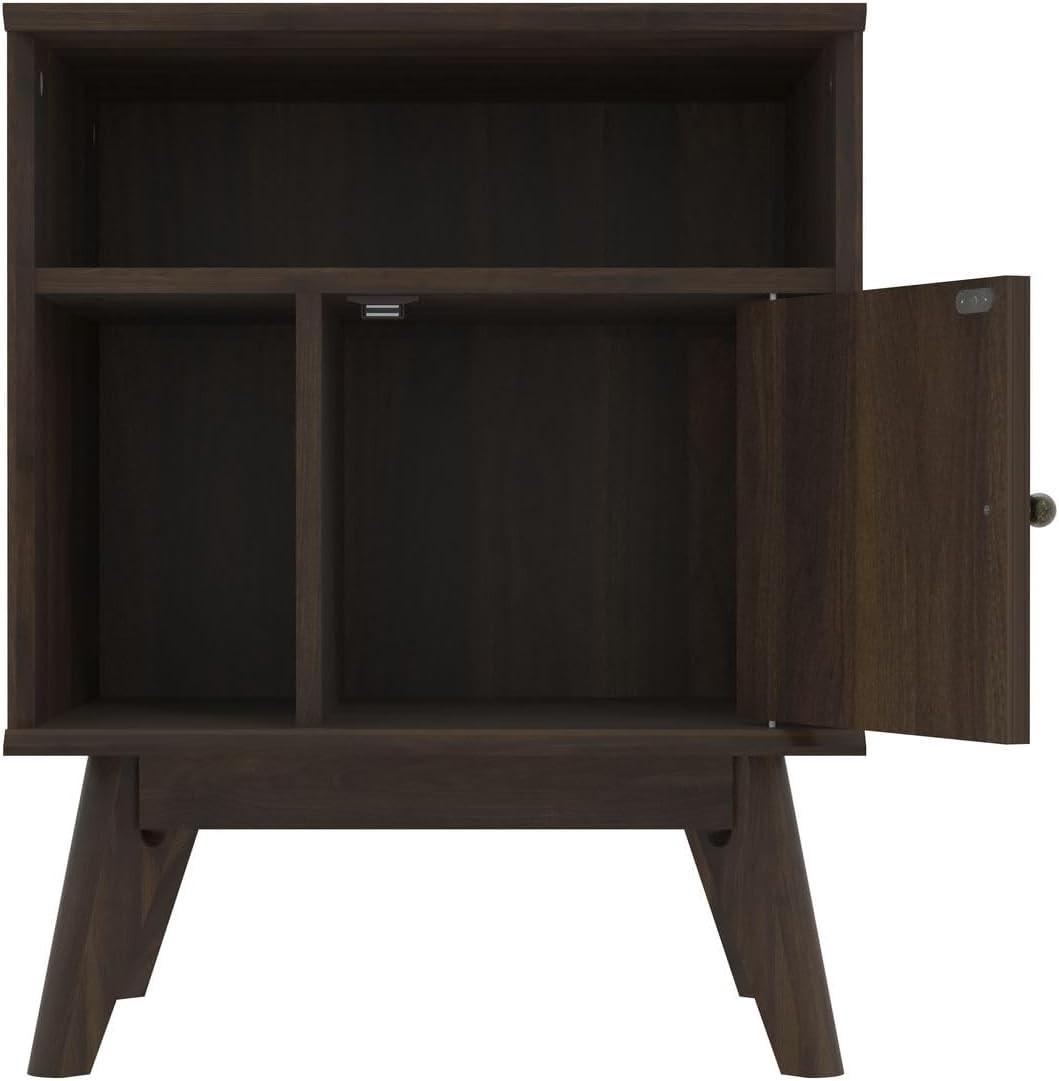 Modern Walnut Bedside Table with Drawer & Open Shelf – Slim Wooden Side Table