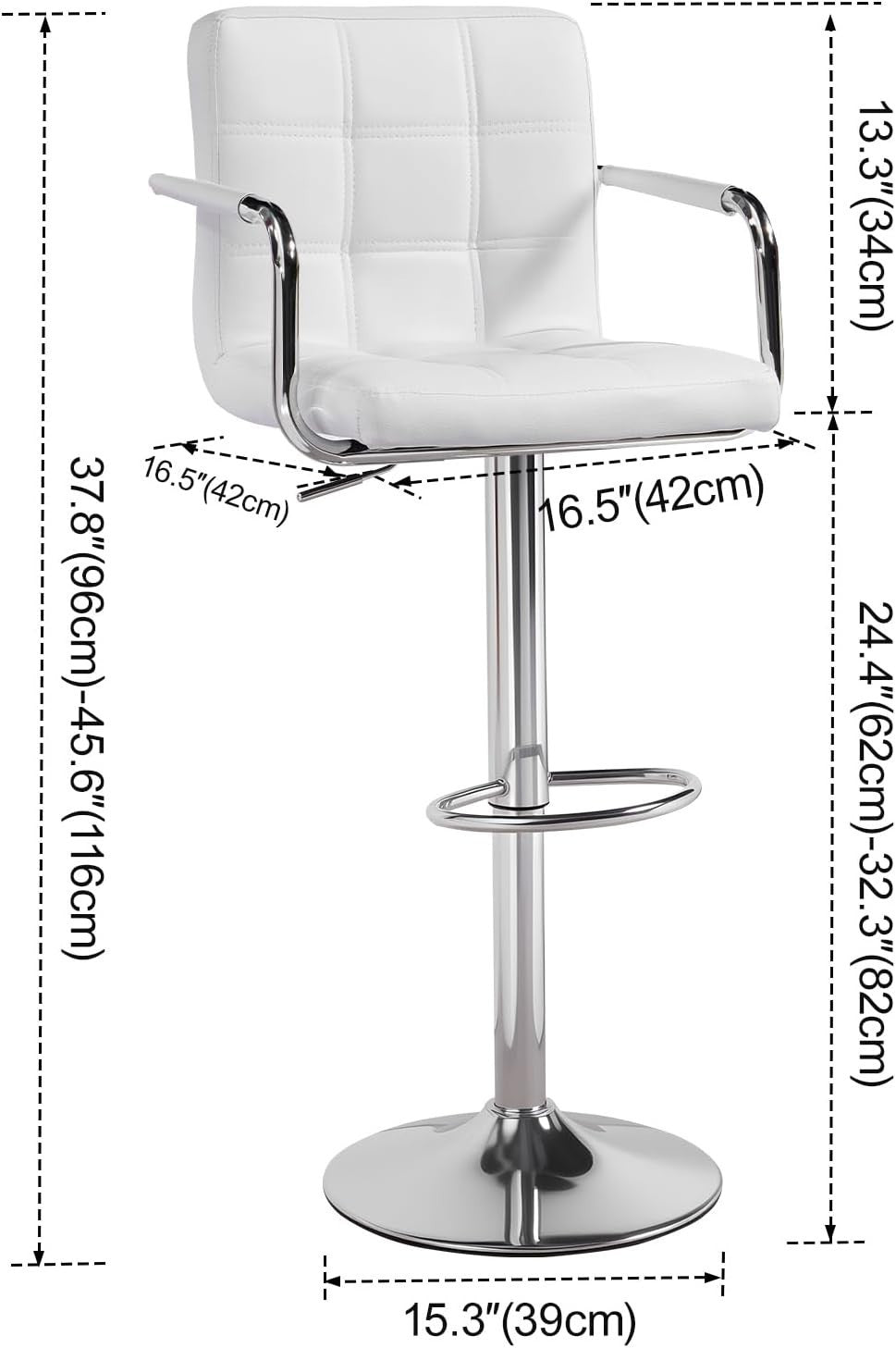 White PU Leather Bar Stool Adjustable Height 360° Swivel with Armrest
