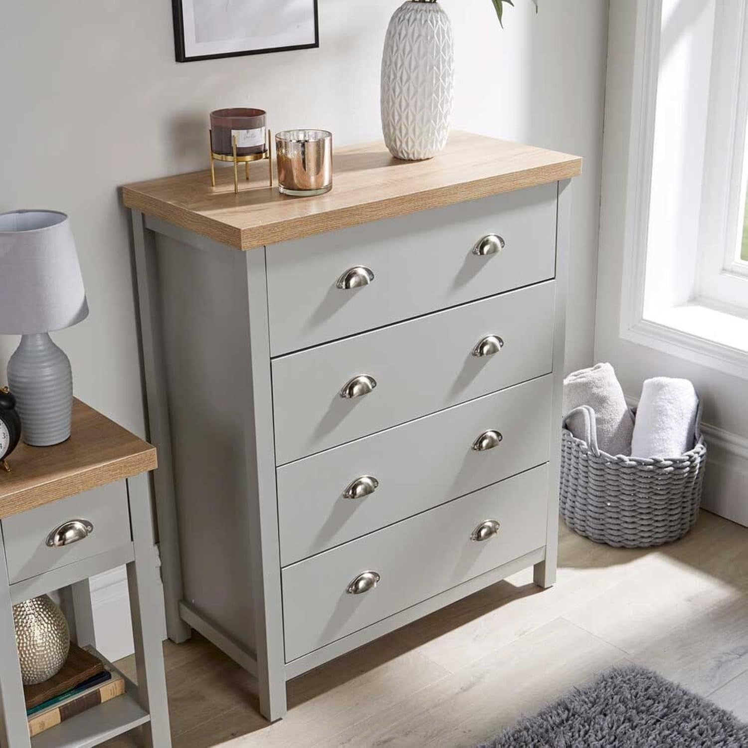 Grey 4 Drawer Chest Bedroom Storage Unit Modern Oak Effect Tall Cabinet