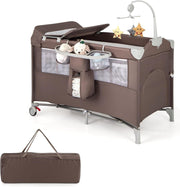 5in1 Baby Travel Cot Bedside Crib Bassinet w/ Mattress Changer Music Toys Brown