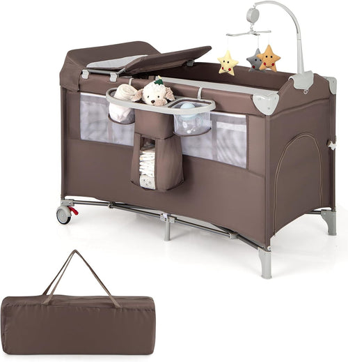 5in1 Baby Travel Cot Bedside Crib Bassinet w/ Mattress Changer Music Toys Brown