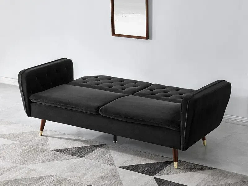3 Seater Black Velvet Sofa Bed Click Clack Recliner Guest Bed Modern