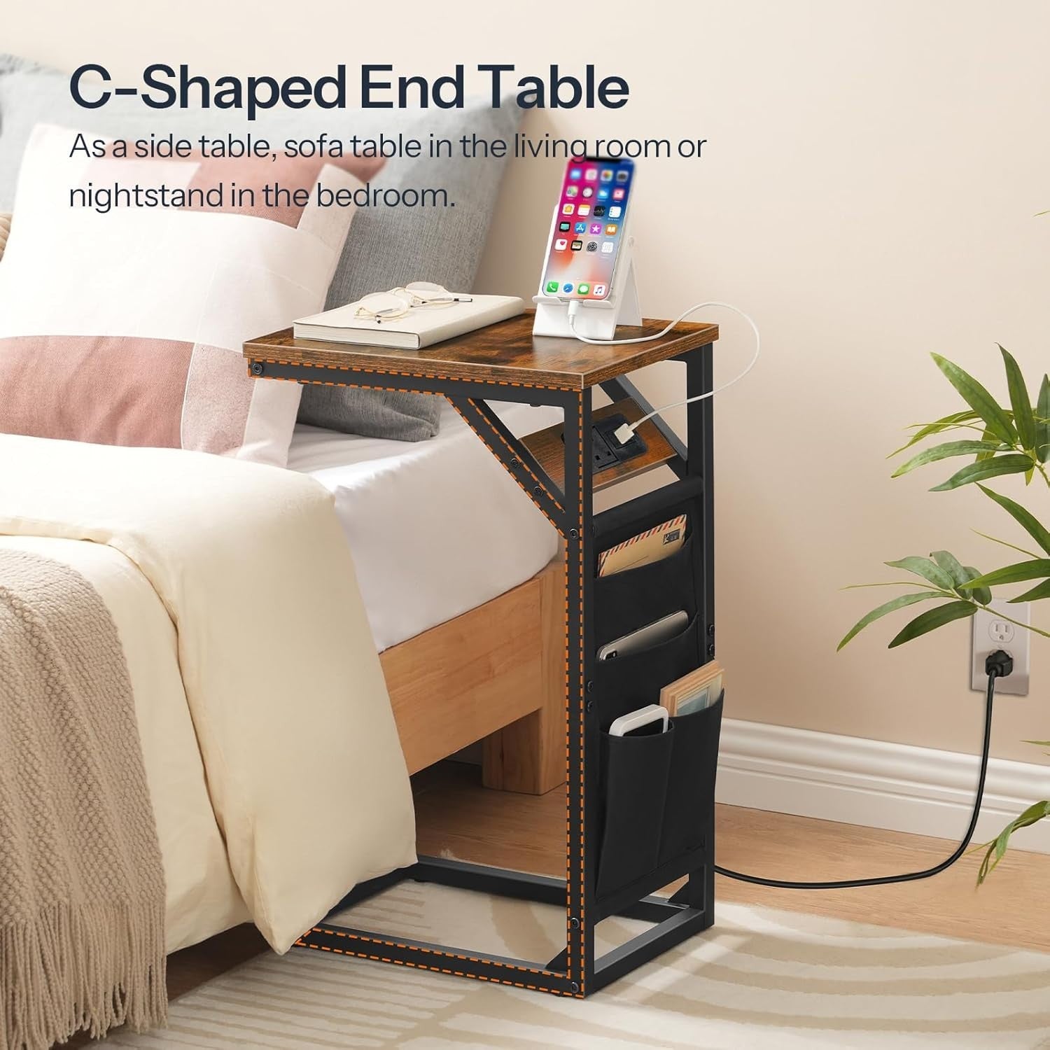 C Shaped Side Table with USB Charging, Storage Bag, Sofa Bed Laptop Stand