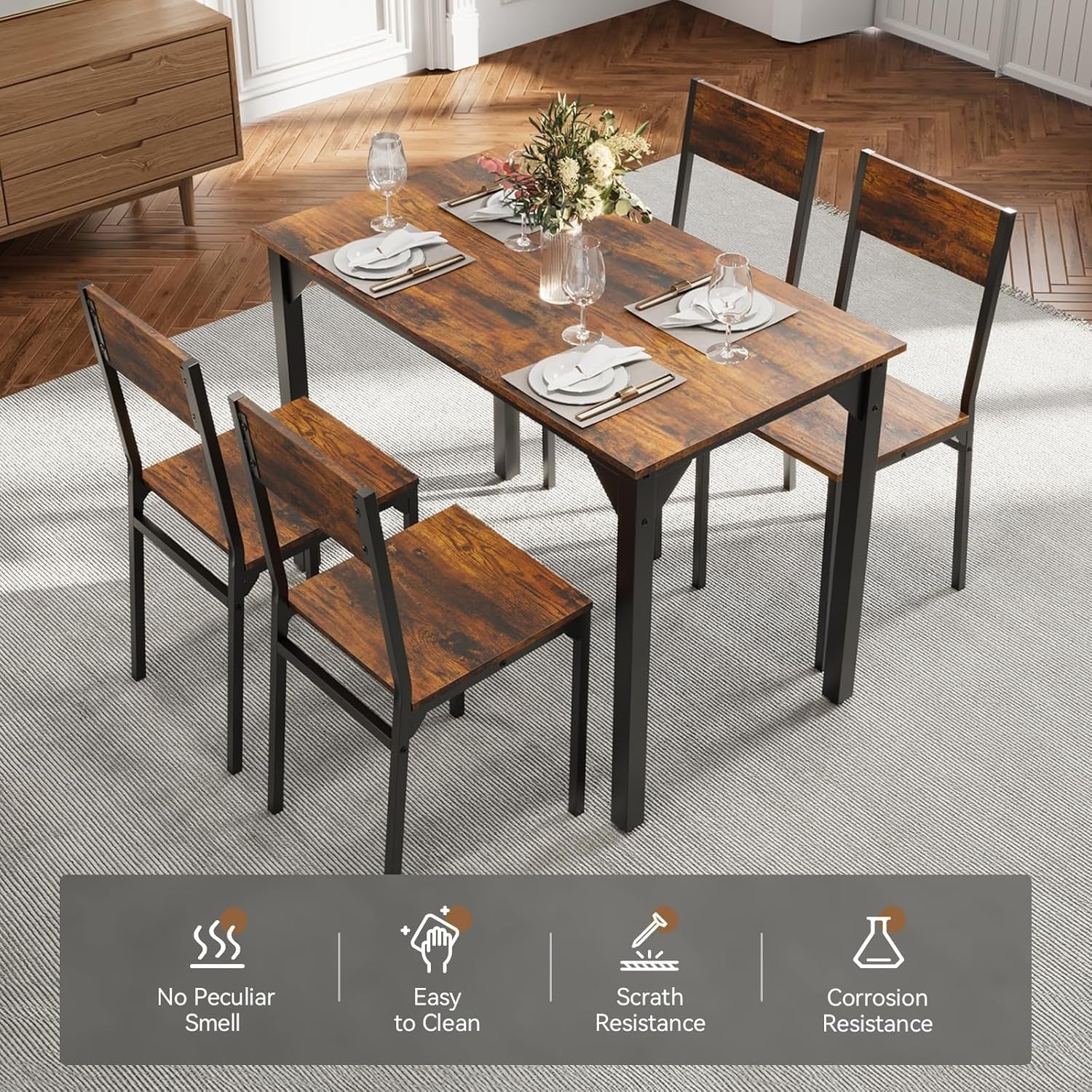 4-Seater Brown Dining Table & Chairs Set - Metal Frame, Space Saving