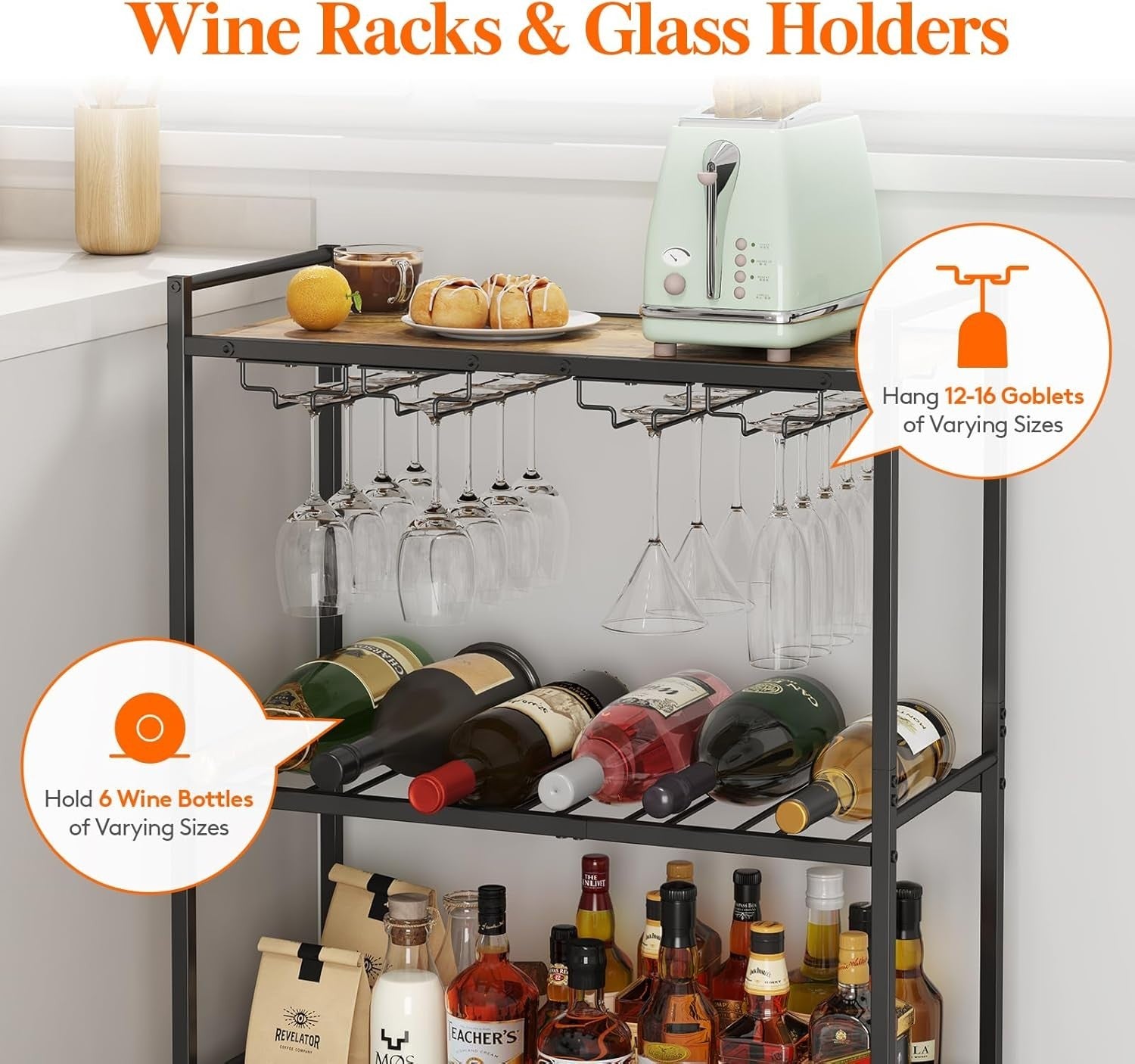 3 Tier Bar Cart with Wine Rack & Glass Holder, Lockable Wheels, Rustic Wood