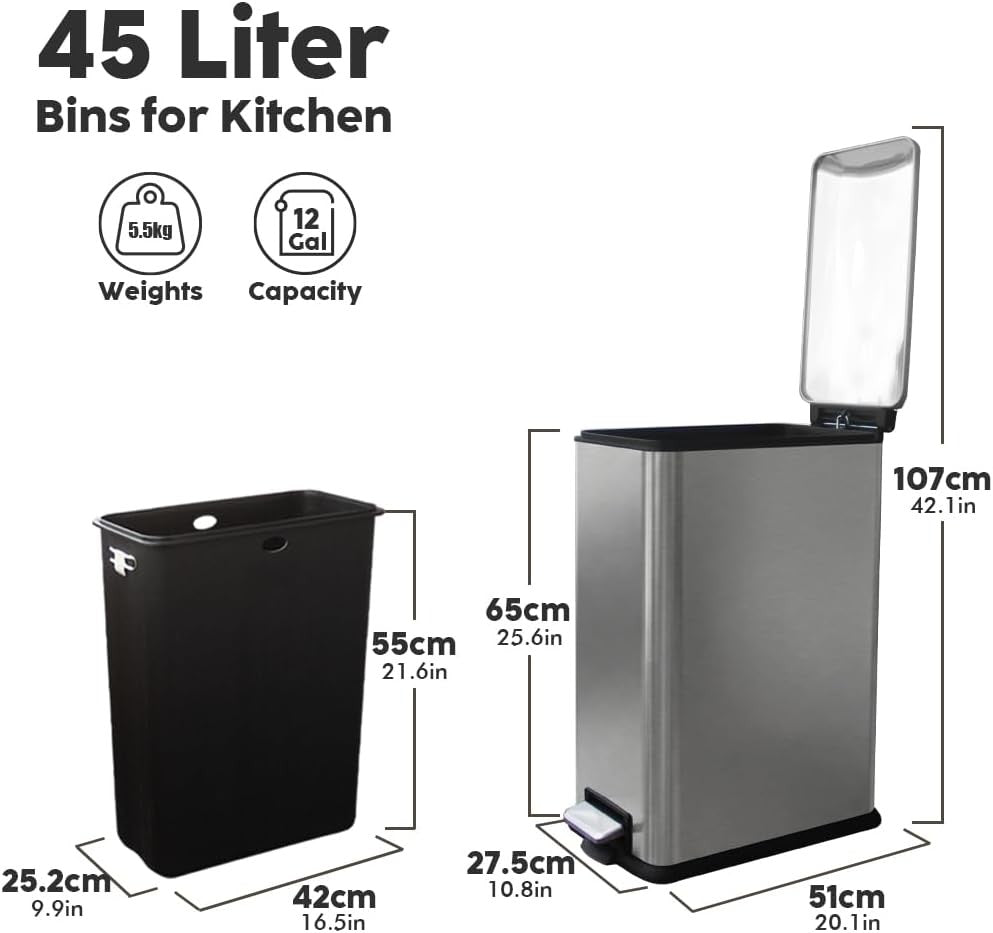 45L Stainless Steel Pedal Bin Slim Kitchen Trash Can Soft Close Grey