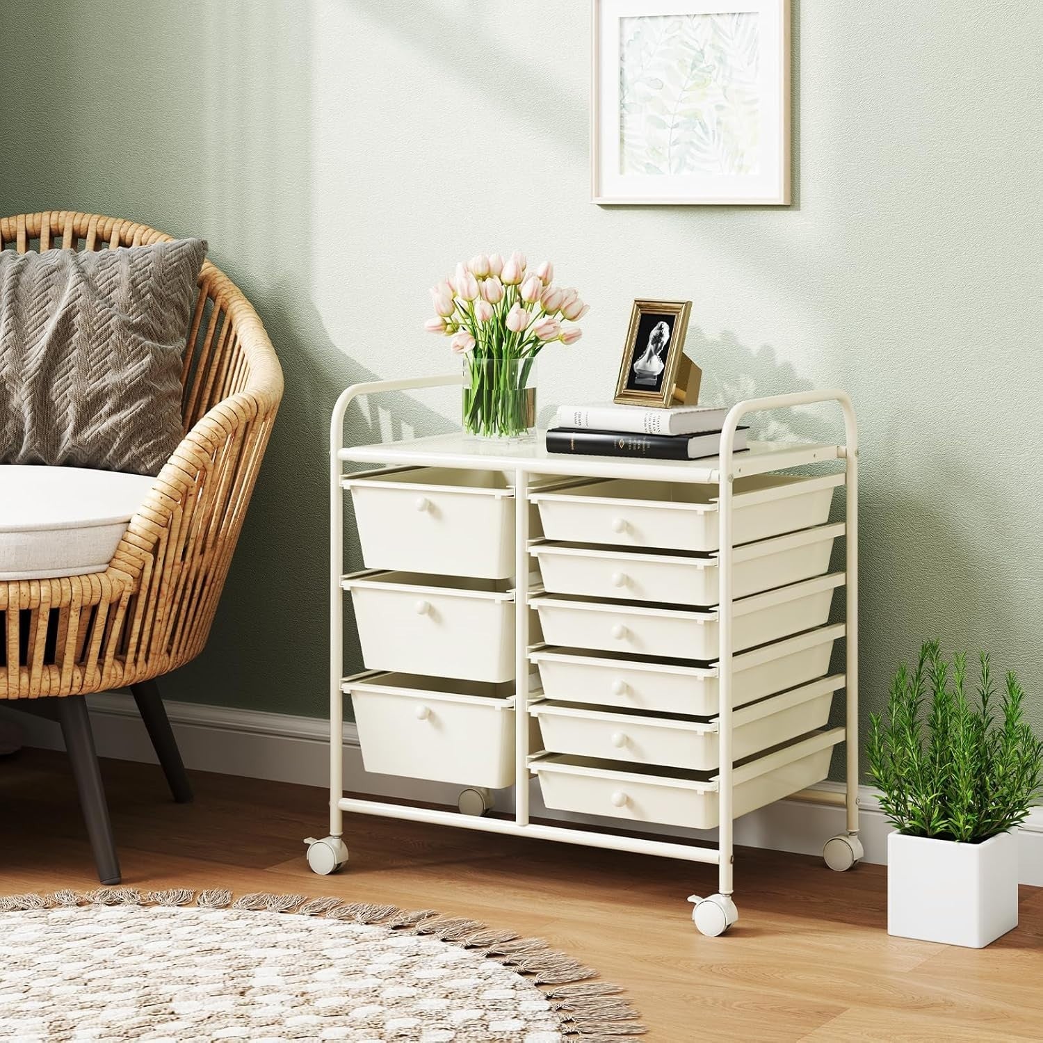 9 Drawer Rolling Storage Trolley Utility Cart Organizer Wheels White