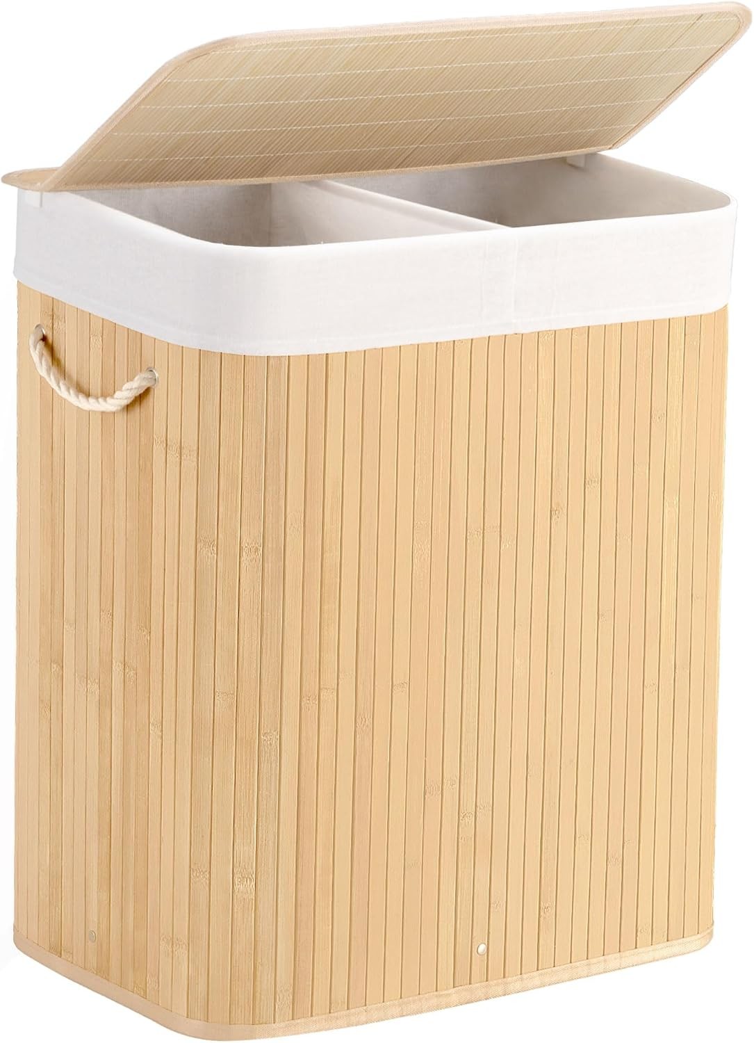 100L Bamboo Laundry Hamper with Lid 2-Section Foldable Clothes Basket Beige