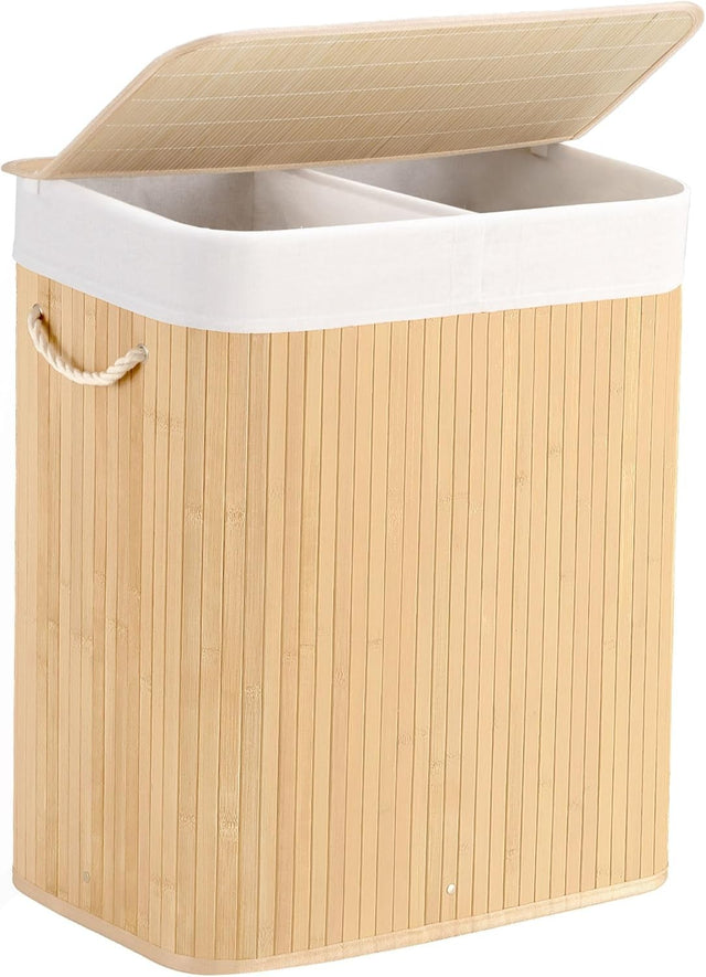 100L Bamboo Laundry Hamper with Lid 2-Section Foldable Clothes Basket Beige
