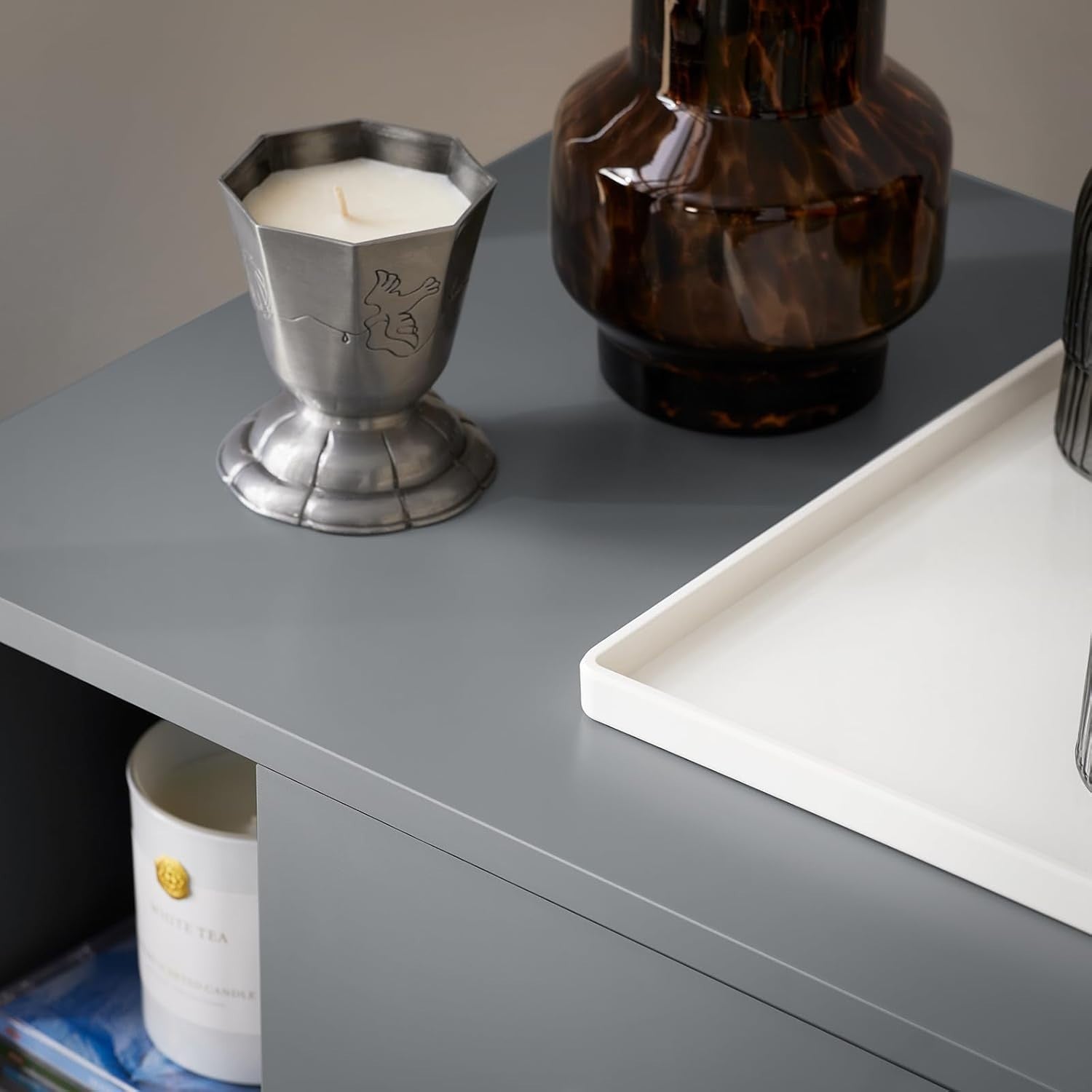 Modern Grey 3 Drawer Bedside Table with Shelves – Wooden Storage Cabinet