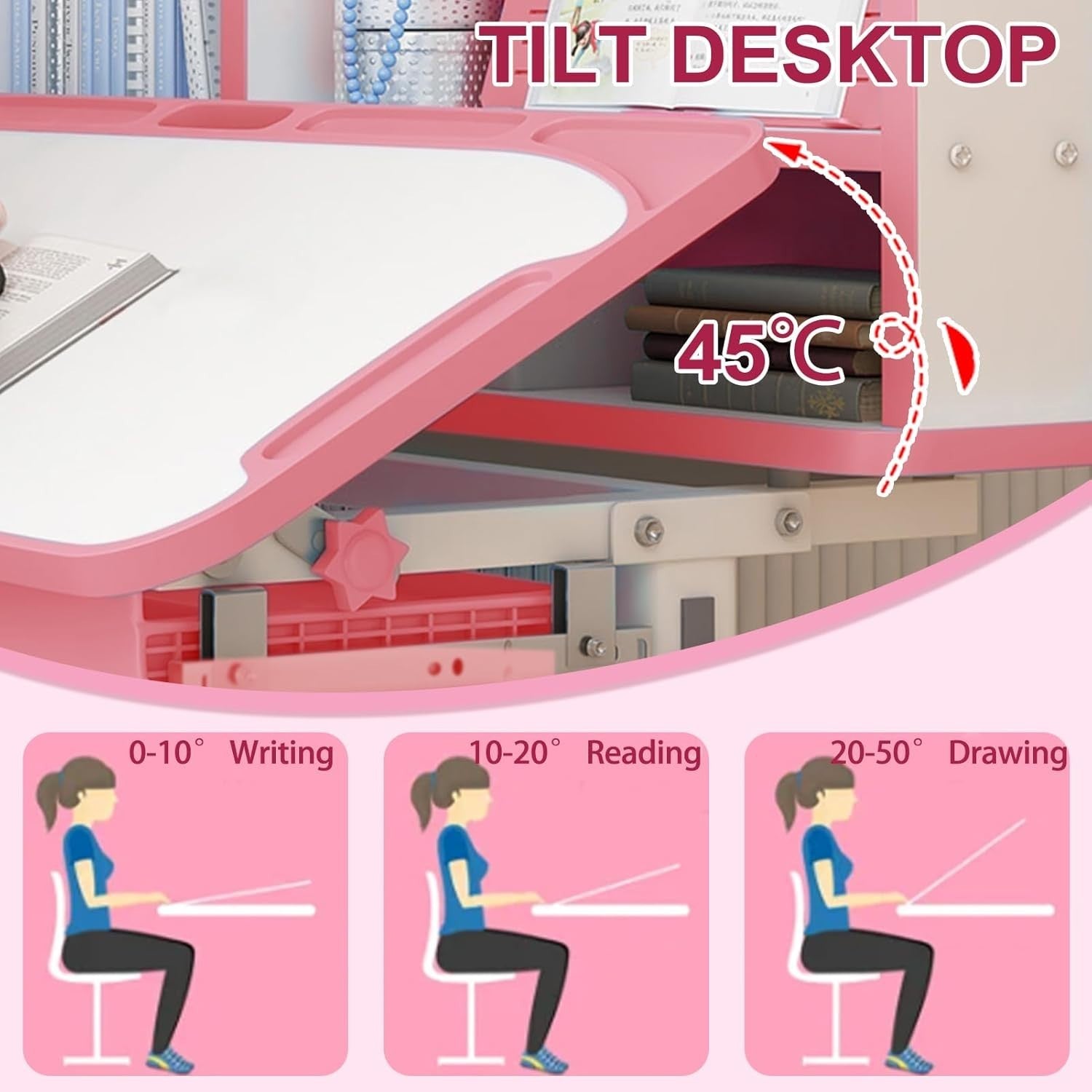 Adjustable Kids Desk & Chair Set with Tilt Top & Drawer – Pink Study Table
