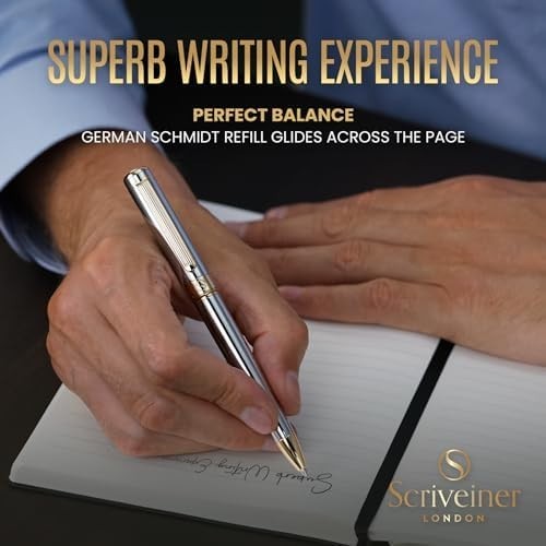 Luxury Silver Chrome Ballpoint Pen Gold Trim Medium Black Ink
