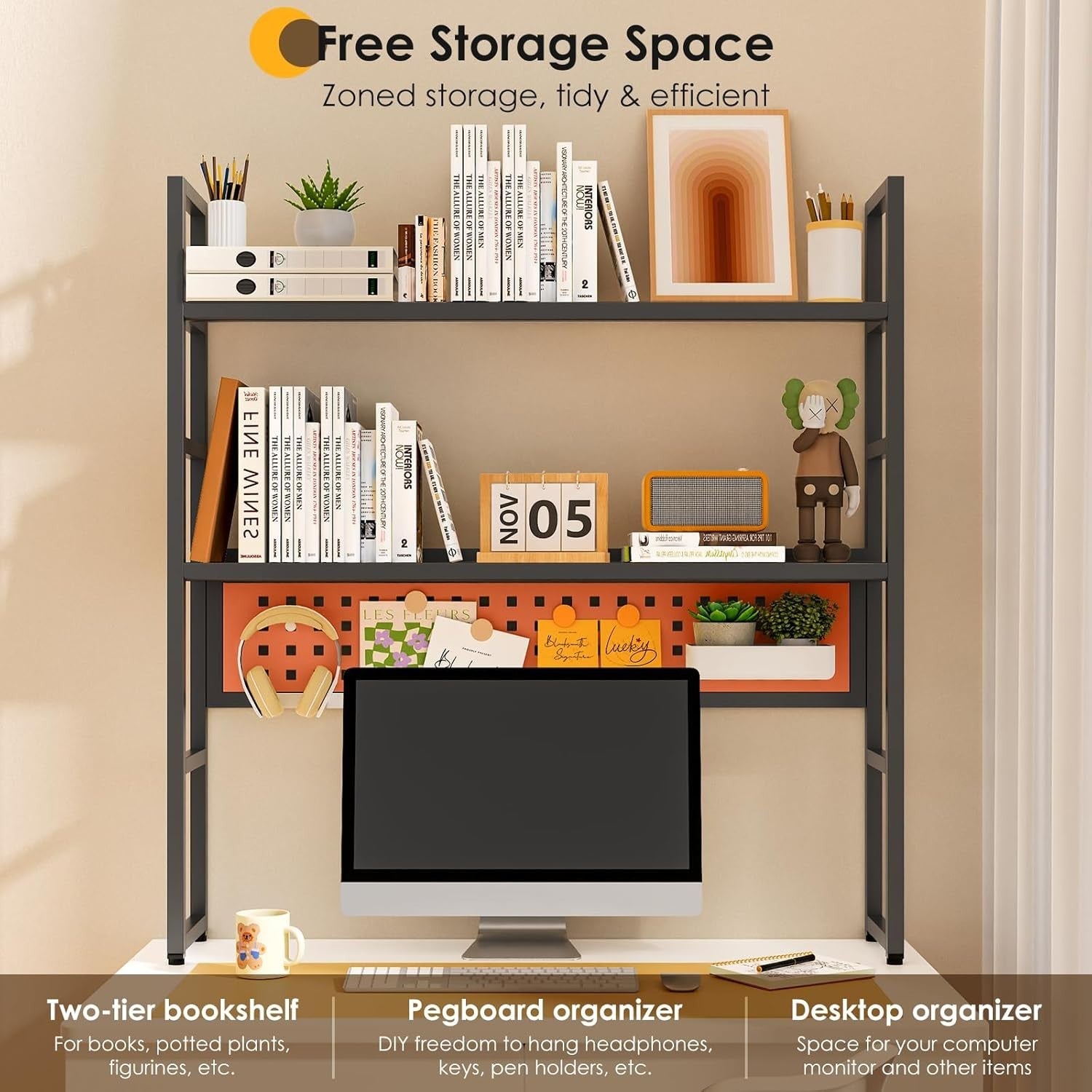 35.4" Metal Desk Hutch Shelf with Pegboard | 2-Tier Desktop Organizer Black