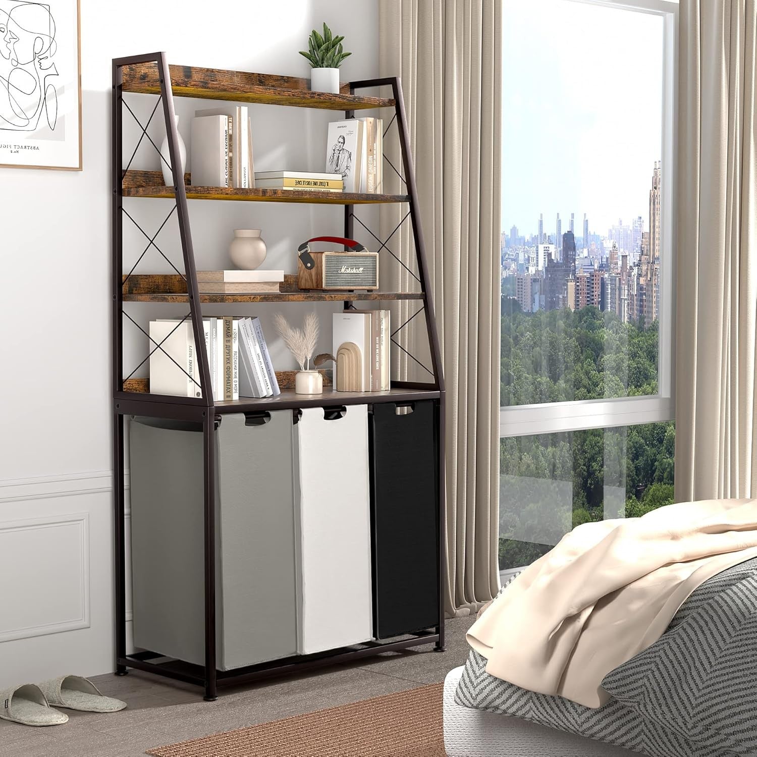 3 Section Laundry Hamper with 4 Tier Shelf Rustic Brown Unit Removable Bags Whee