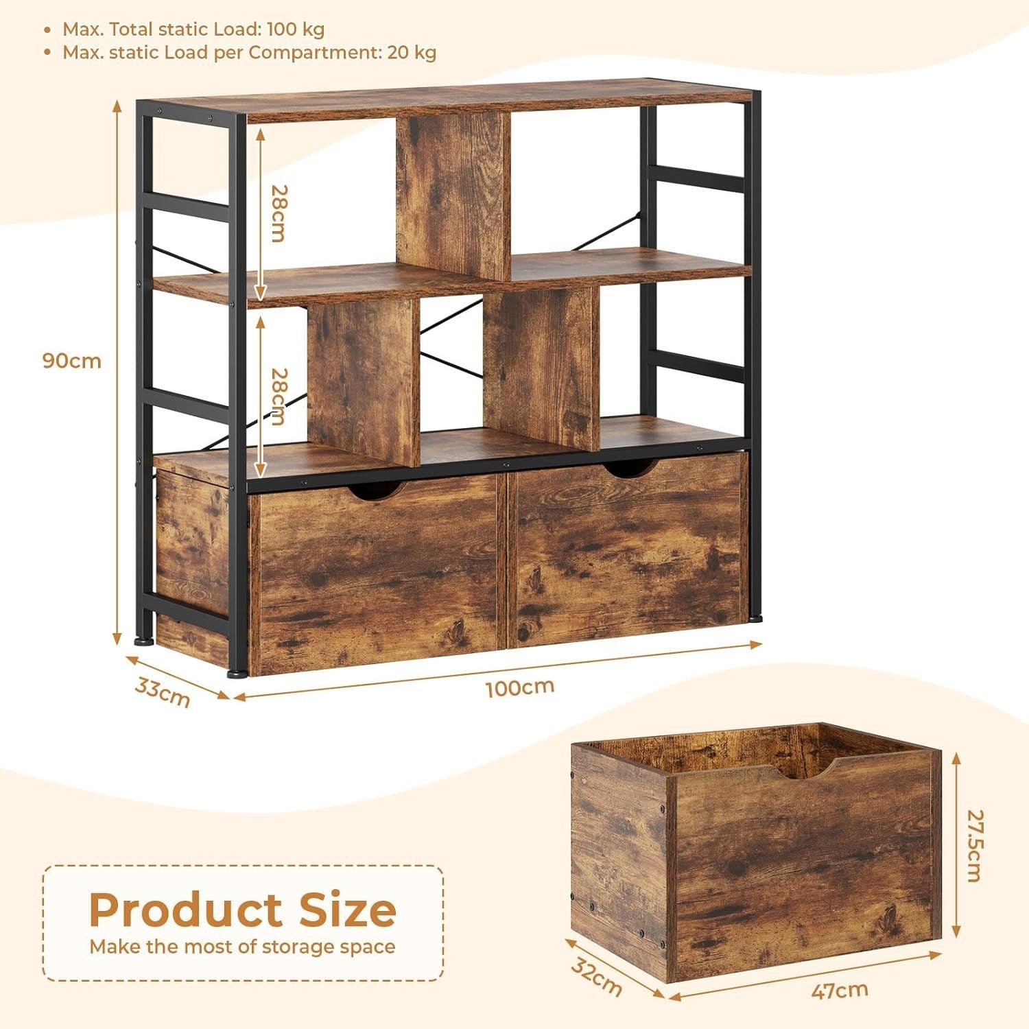 4 Tier White Bookcase with 2 Drawers Modern Storage Shelf for Living Room Brown