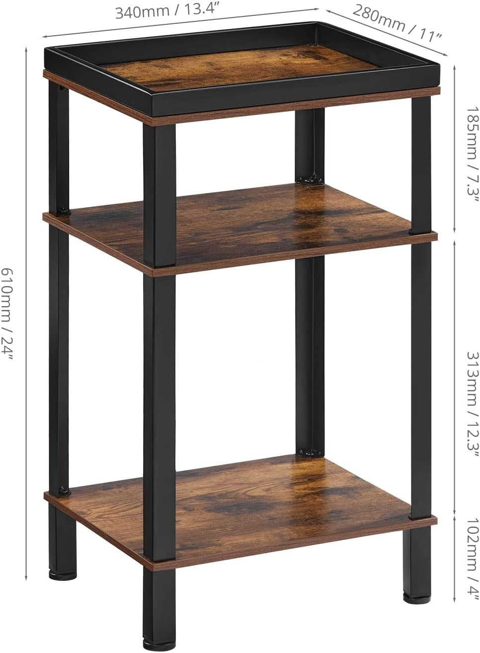 Slim 3-Tier Side Table Narrow End Table with Metal Tray & Wood Shelves