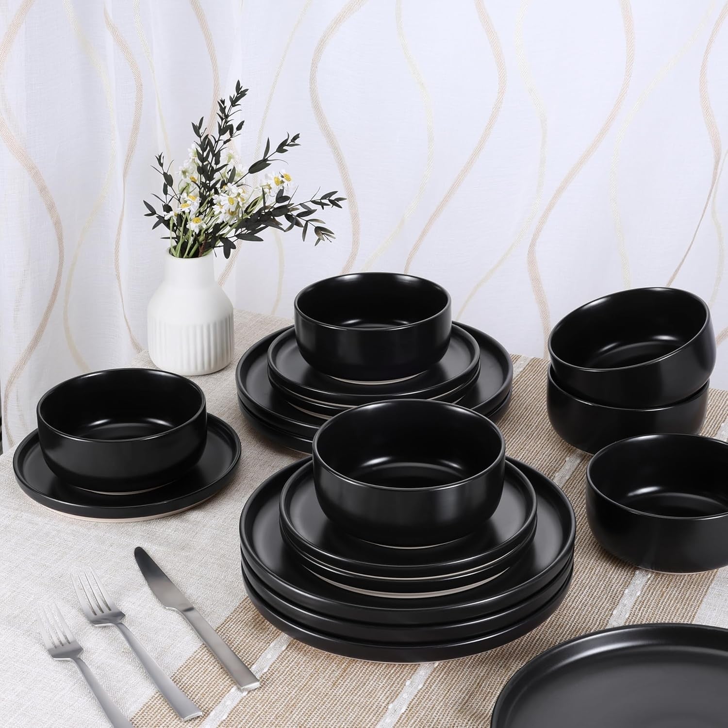 18pc Stoneware Dinnerware Set Plates Bowls Matte Black for 6
