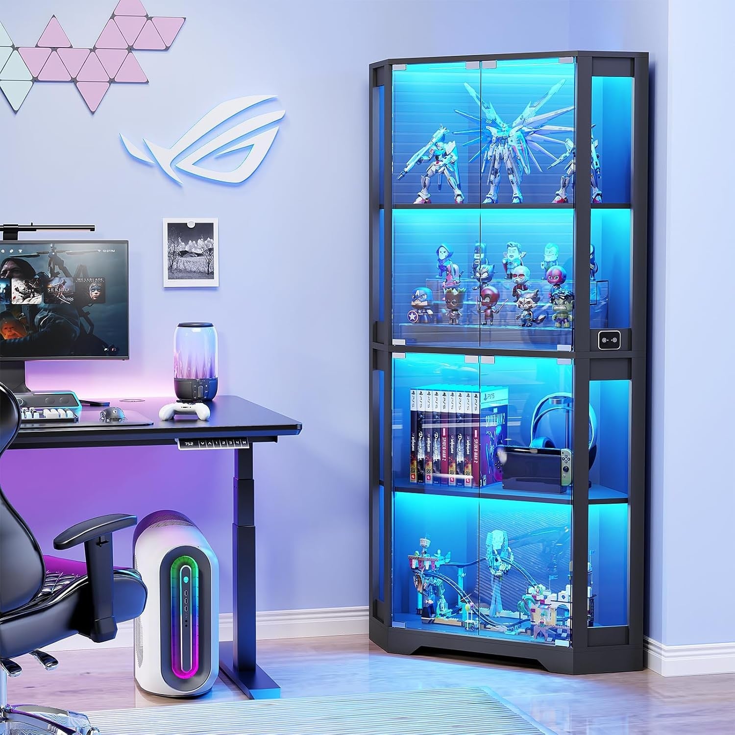 65" Tall LED Display Cabinet Corner Glass Shelves With Sensor Modern Storage